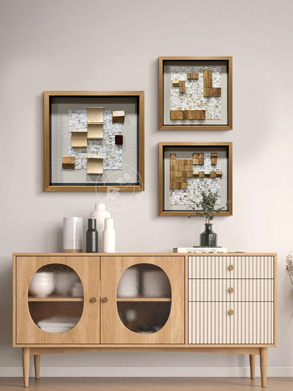 Geometric Wood and Shell Mosaic Art Installation