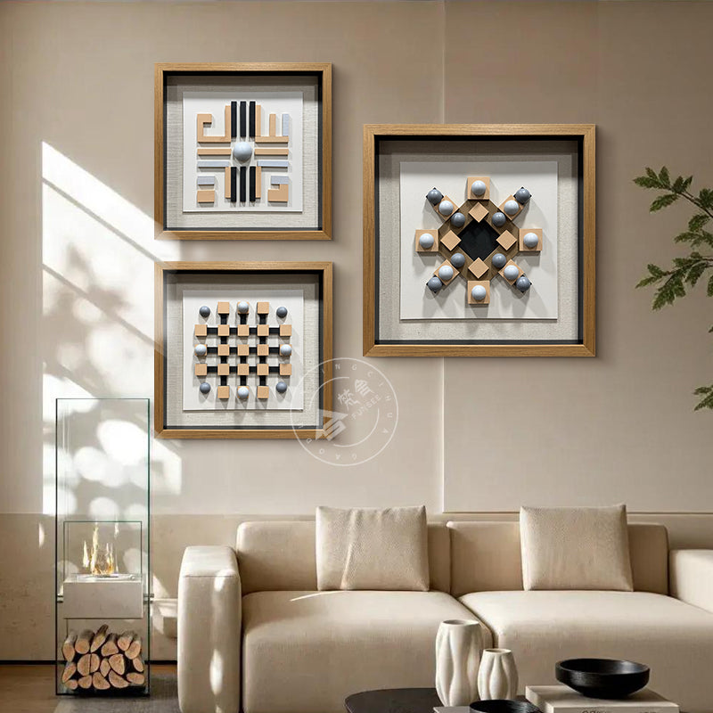 Geometric Carved Wood and Grey Hemisphere Art Installation