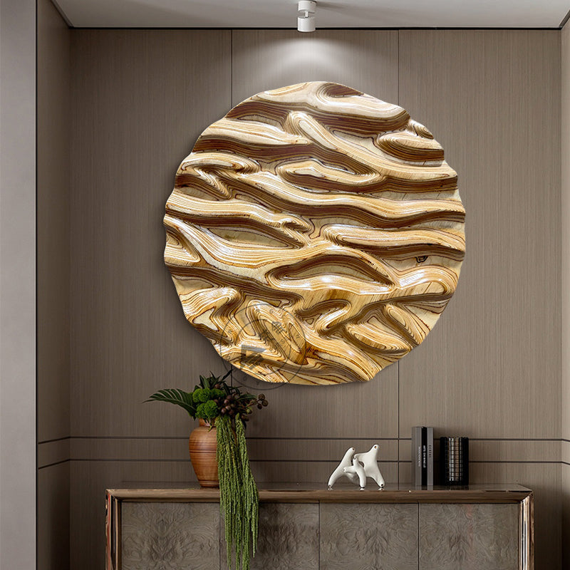 Carved Birch Wood Wall Art Topographic Round Medallion