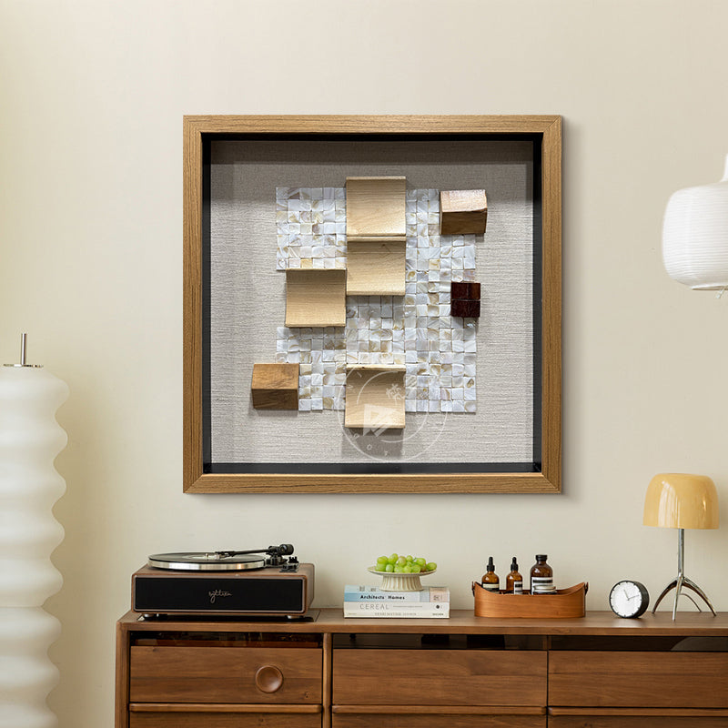 Geometric Wood and Shell Mosaic Art Installation