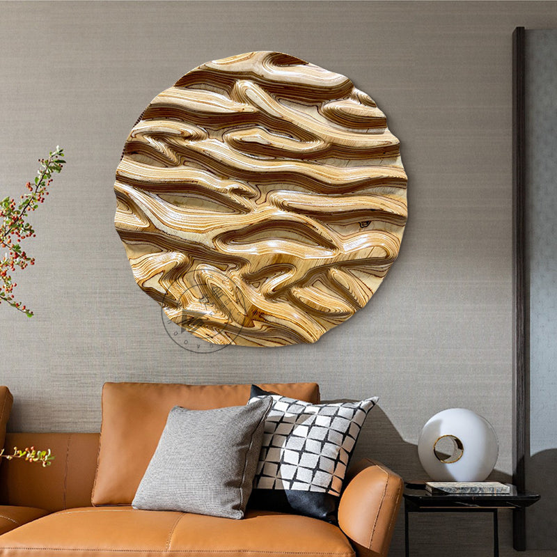 Carved Birch Wood Wall Art Topographic Round Medallion