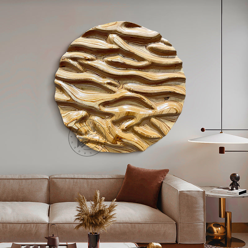 Carved Birch Wood Wall Art Topographic Round Medallion