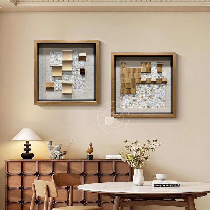 Geometric Wood and Shell Mosaic Art Installation