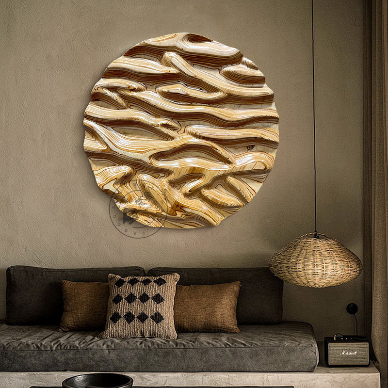 Carved Birch Wood Wall Art Topographic Round Medallion
