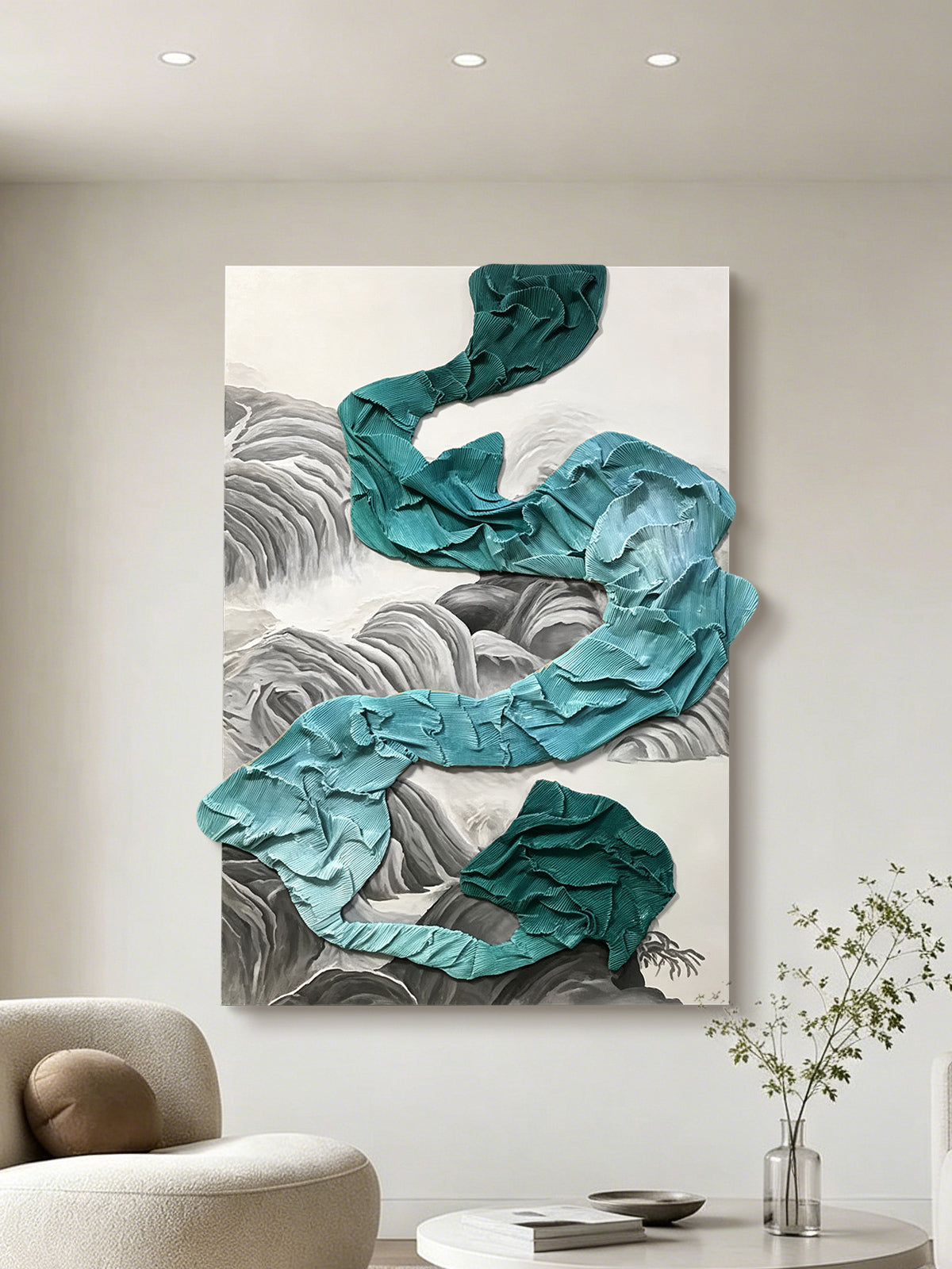 Teal Waterfall Sculptural Wall Art