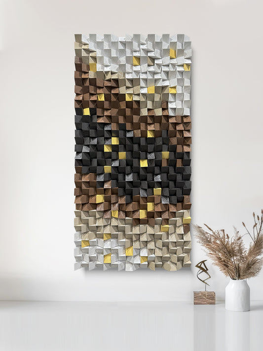 Black & White Textured Wood Wall Art, Grey Mosaic Design, Large-Scale Decorative Artwork