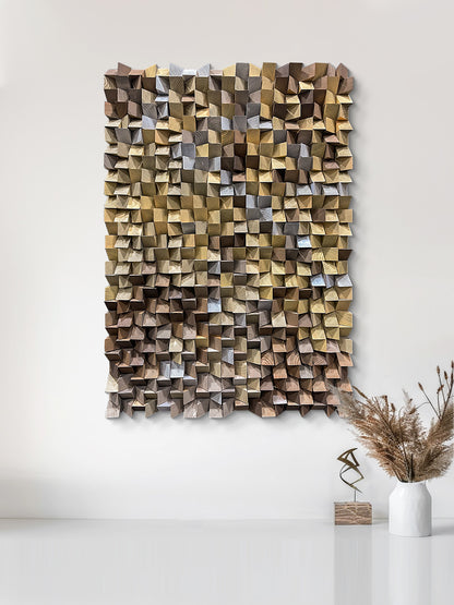 Natural Wood Triangle Mosaic Art - 3D Geometric Wall Decor