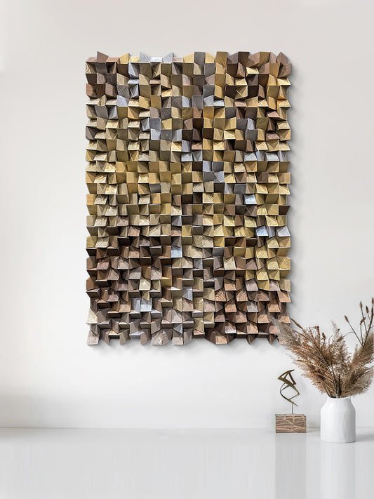 Natural Wood Triangle Mosaic Art - 3D Geometric Wall Decor