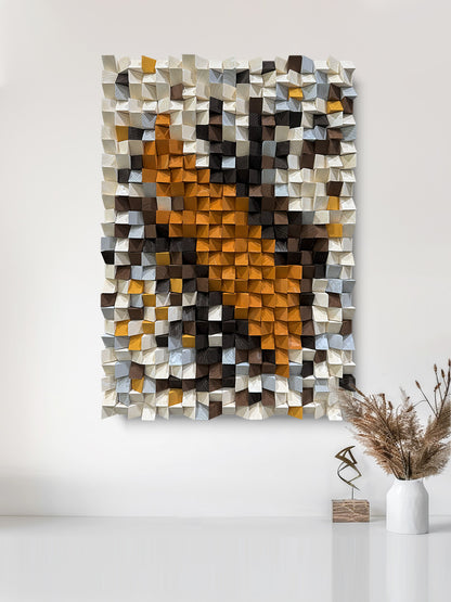 Large 3D natural wood wall decor with original triangular design.