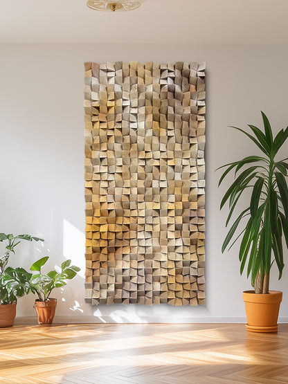 3D gradient wooden mosaic wall art features geometric wood blocks in gradual color transitions, delivering rich texture, artistic depth and natural warmth.