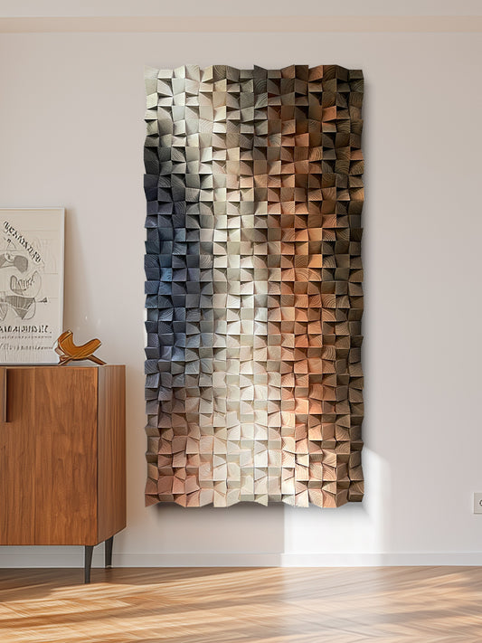 Modern abstract 3D wall art, solid wood mosaic panel in blue, white and orange tones, with rich three-dimensional texture.