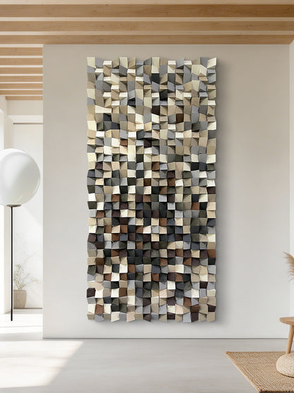 Modern style triangular wooden wall decoration. Artistic decoration for the living room. Eco-friendly wood three-dimensional artwork