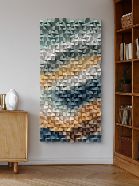 3D gradient wooden mosaic wall artwork, crafted from natural wood with gradual color transitions, full of artistic stereoscopic sense.