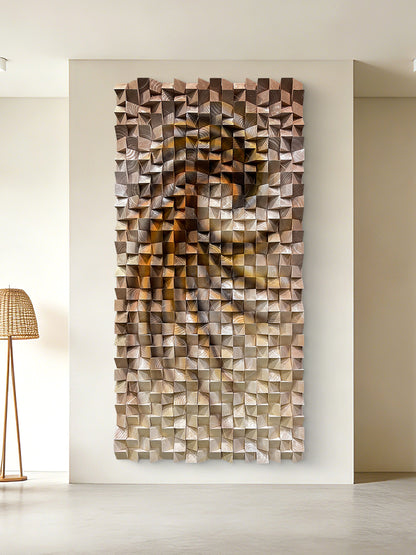 Three-dimensional triangular wooden block wall art, modern styled with natural wood texture, elevating any wall space elegantly.