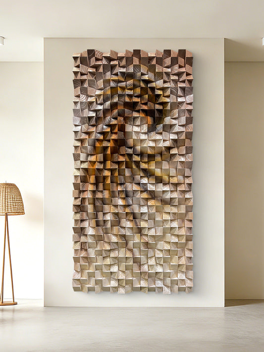 Three-dimensional triangular wooden block wall art, modern styled with natural wood texture, elevating any wall space elegantly.