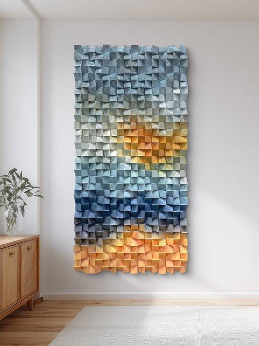 Large 3D natural wood wall decor with original triangular design.