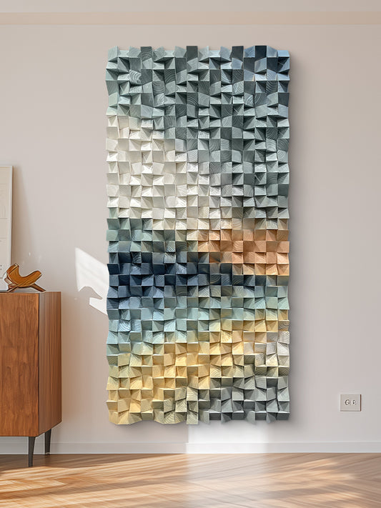 Large triangular wooden block wall art, crafted from natural wood with strong artistic appeal, creating an eye-catching focal point for interior spaces.