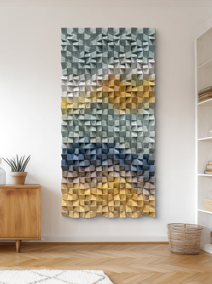 Geometric gradient 3D wooden mosaic wall decor, solid wood textured panel with distinctive layered design.