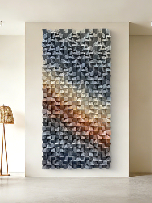 Large triangular wooden blocks interweave to create dreamy light and shadow, artistic wall decor brightens living spaces with unique aesthetic appeal.