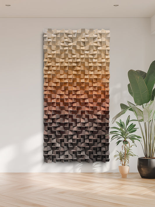 Warm earth-tone wood wall art, 3D textured mosaic with gradient orange-to-brown hues, abstract modern design allowing horizontal or vertical display.