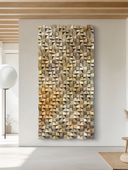 3D gradient wall art with geometric wooden blocks, textured solid wood decor ideal for living rooms, bedrooms and offices.