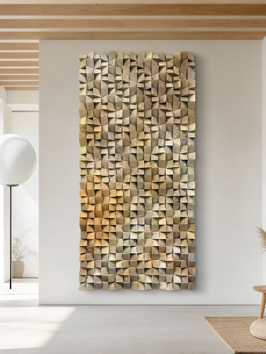 3D gradient wall art with geometric wooden blocks, textured solid wood decor ideal for living rooms, bedrooms and offices.