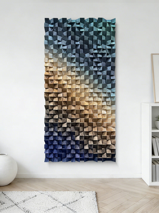 3D wood wall decor featuring triangular wooden blocks, highlighting natural wood grain and rich three-dimensional structure.