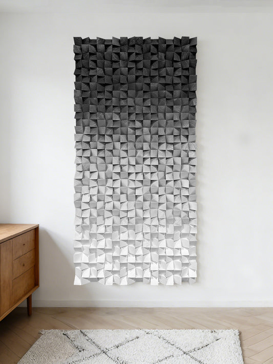 Extra Large Abstract Wood Wall Art, handcrafted from solid wood with black & white mosaic detailing, delivering a sleek modern focal texture.