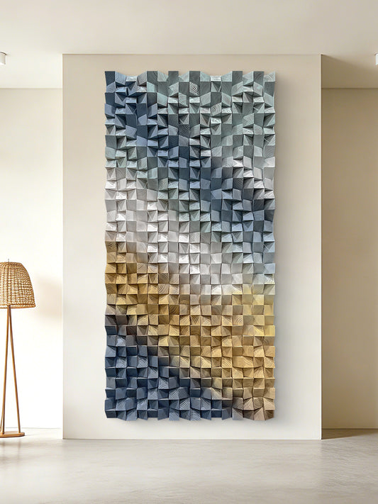 Modern 3D wooden wall art with triangular wood blocks, large-sized wall hanging decor to elevate space style.