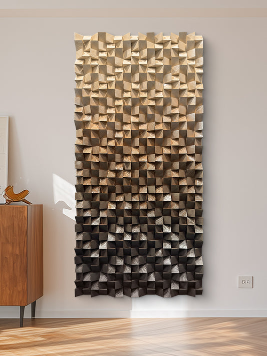 Wooden wall art, handmade solid wood mosaic with abstract coffee brown gradient and triangular design, rich in texture.