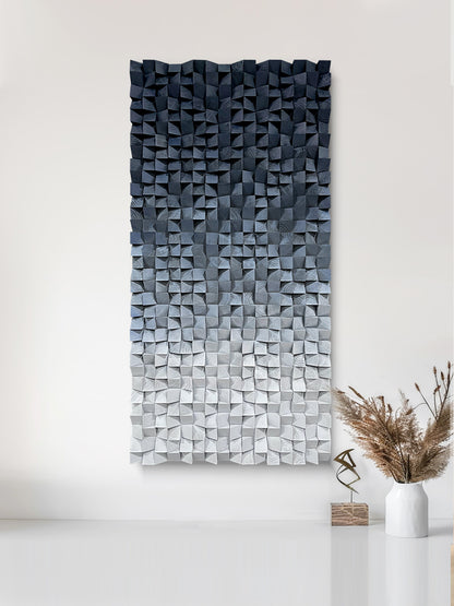 3D Wood Block Wall Art, crafted from natural wood with gradient blue and gray tones, featuring rich layered texture.