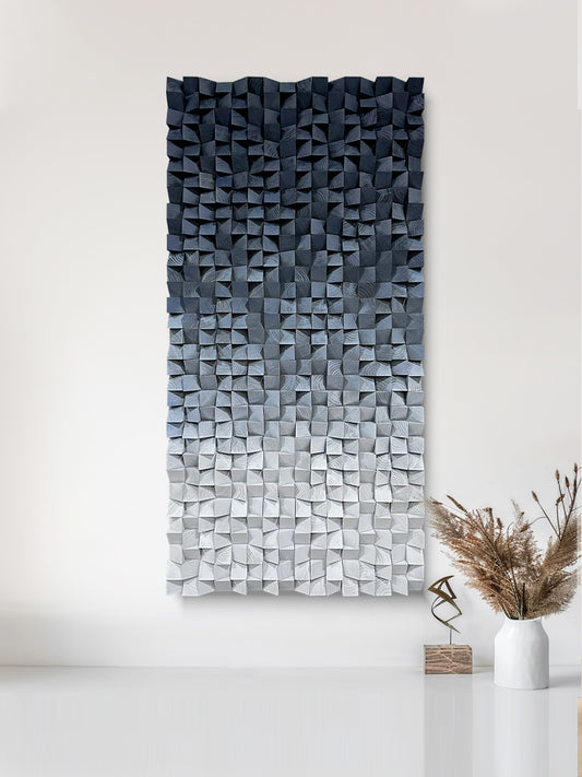 3D Wood Block Wall Art, crafted from natural wood with gradient blue and gray tones, featuring rich layered texture.