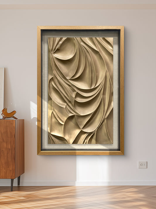 Luxury Corporate Wall Sculpture, Flowing Bronze Wood Carving with Tempered Glass