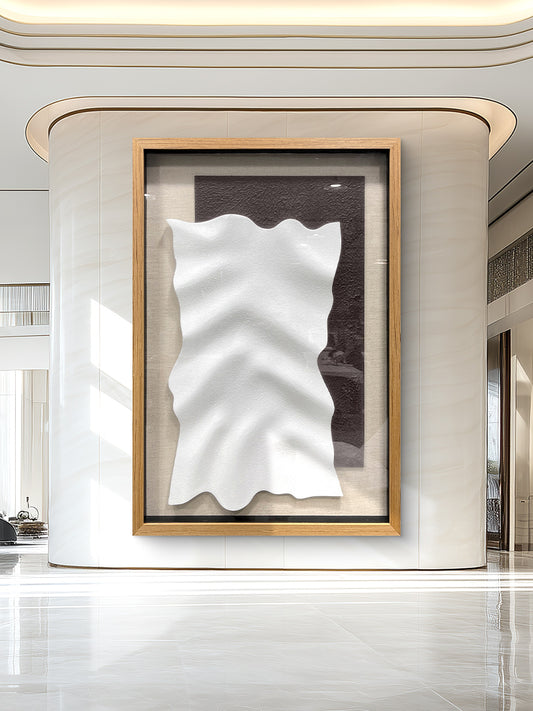 Minimalist 3D Sandstone Wall Sculpture – White Wave on Dark Rough Backing