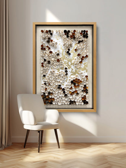 Decorative elements of contemporary art gallery, handcrafted wooden flowers and gold foil textured wall panels