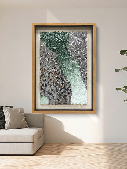 Green and Silver Crushed Metal Art, Abstract Paper Relief in Solid Wood Frame