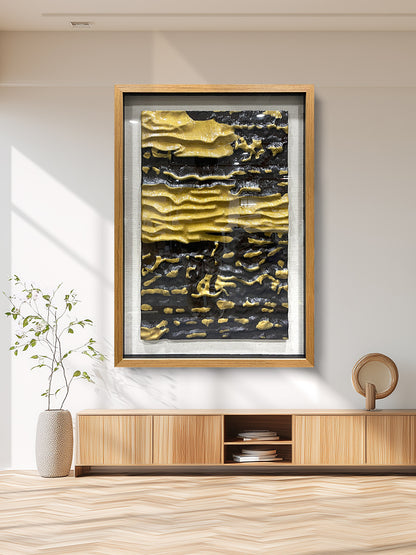 High End Hotel Wall Art, Abstract Black and Gold Wood Carving with Tempered Glass