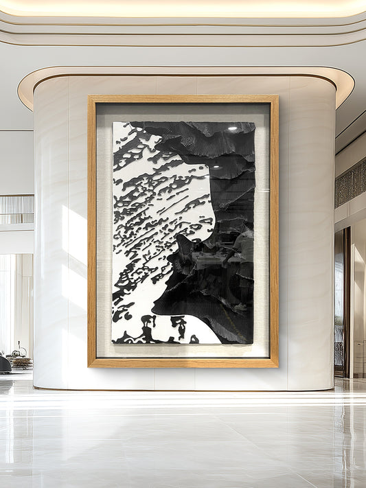 Modern Corporate Lobby Art, 3D Black and White Organic Sculpture with Tempered Glass