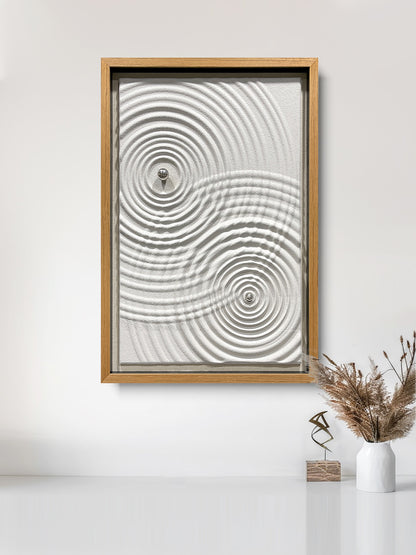 Minimalist Zen Ripple Carved Wood Panel with Silver Orb
