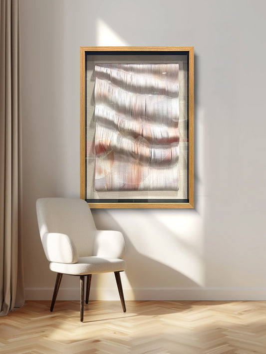 Handcrafted 3D paper artwork, modern textured wall art with delicate three-dimensional design.