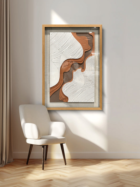 Creative hand-carved decorative artwork interwoven with brown and white lines, accented by a solid wood frame, delivering an elegant artistic touch.