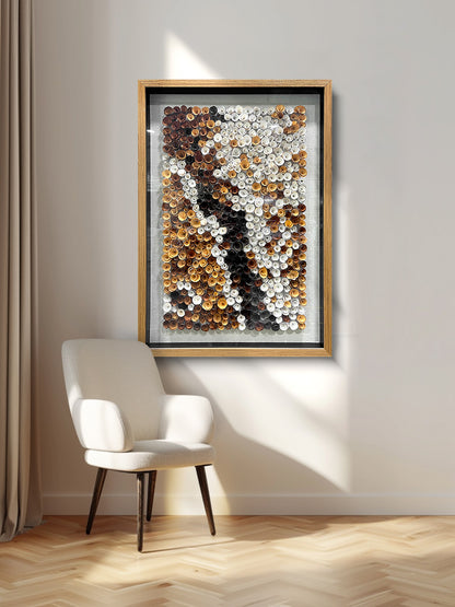 Modern abstract decorative paintings paired with round wooden flowers create a distinctive artistic style.