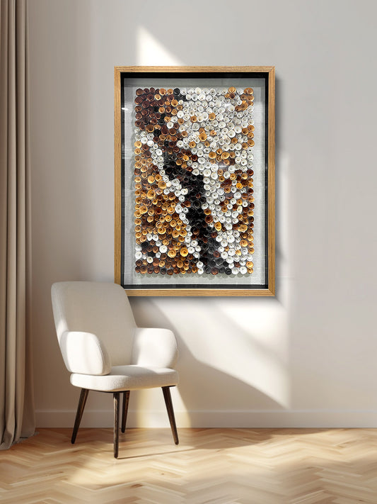 Modern abstract decorative paintings paired with round wooden flowers create a distinctive artistic style.