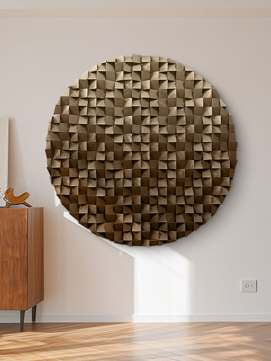 Wooden circle wall decor with 3D textured mosaic in warm brown tones, modern abstract art perfect for living room accent walls.