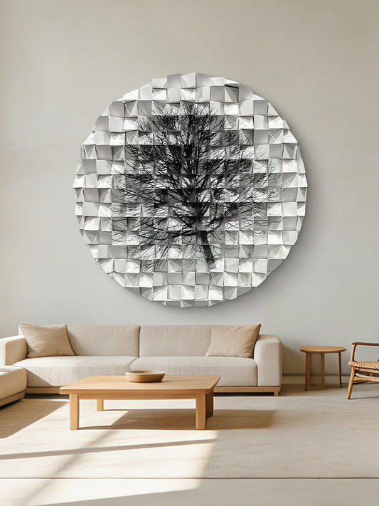 Modern circle wall decor with black-and-white tree art, handmade solid wood hanging for home and office.