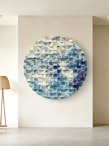 Abstract flow round wood wall art with white & blue river line pattern, modern circular decor for living room and office.