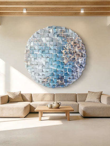 Wooden circle wall decor, handcrafted azure ocean mosaic, large ready-to-hang round art for home & office.