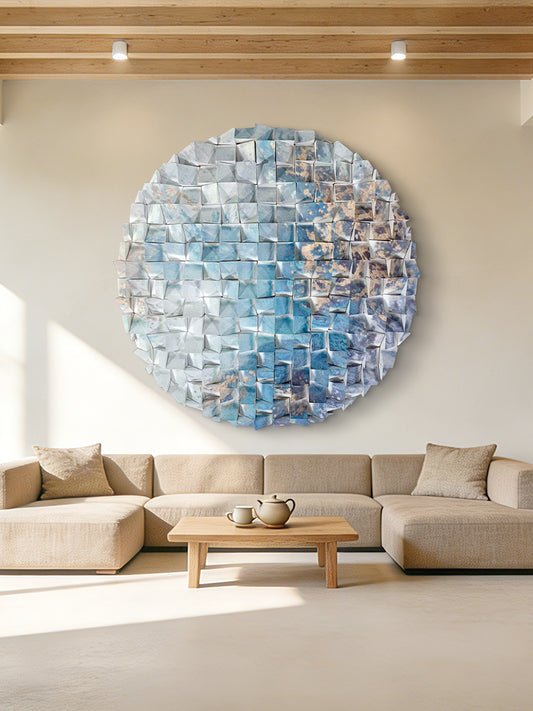 Wooden circle wall decor, handcrafted azure ocean mosaic, large ready-to-hang round art for home & office.