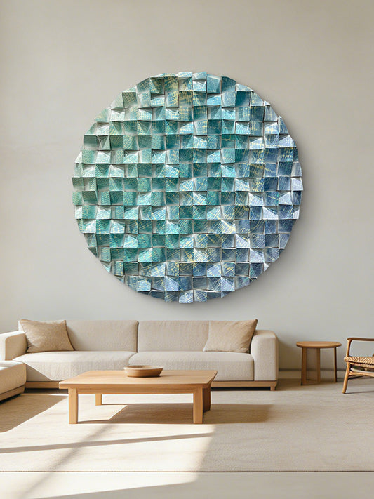 Large triangular wooden block wall art with blue-green-gold pattern, eye-catching modern decor for living room.