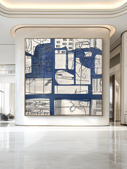 Abstract Line Art Wall Decor with Blue and Neutral Tones